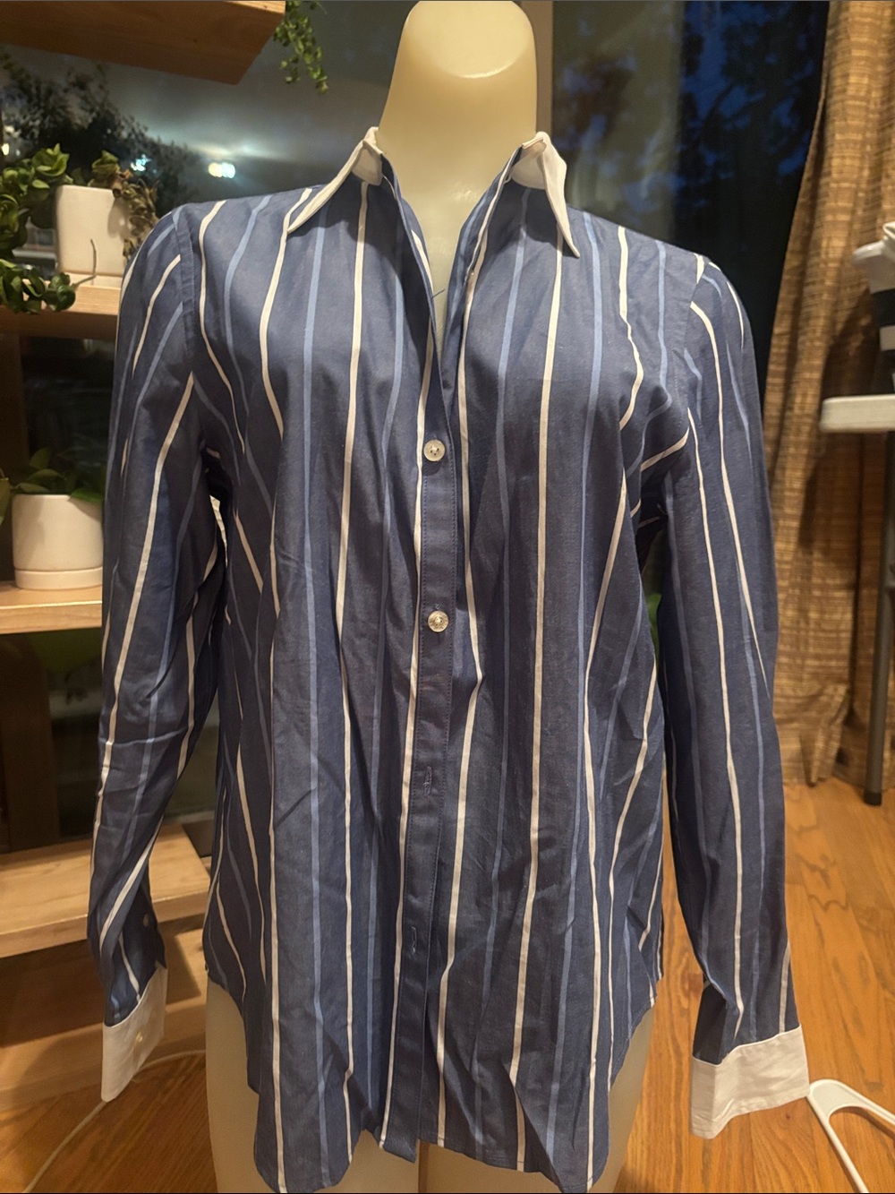 Women’s Blue and White Stripe Dress Shirt with Contrast Collar size M